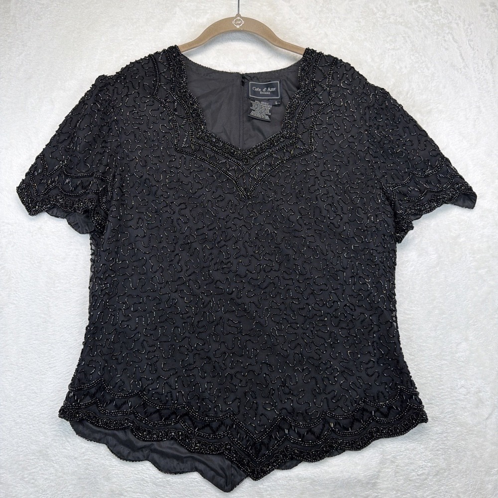 Cote‎ D Azur Evening Silk Beaded Blouse Women's L Black Cocktail Party Formal